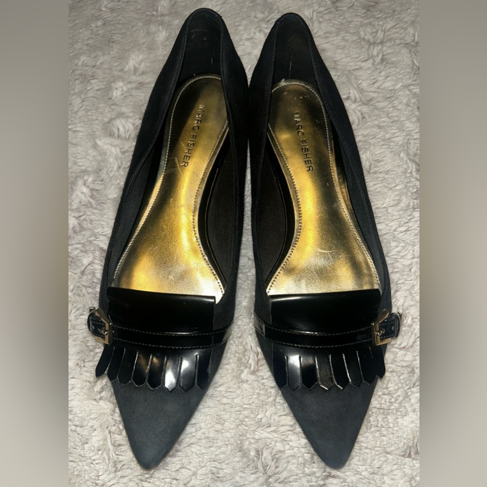 Marc Fisher Black Suede Loafers with Fringe Detail